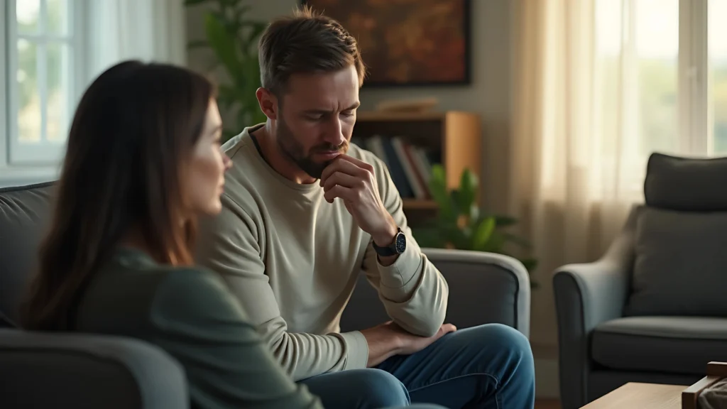 A-man-and-a-woman-sitting-in-a-living-room,-the-man-appearing-deep-in-thought-while-the-woman-is-blurred-in-the-foreground,-highlighting-Men's-Silence-in-Relationships