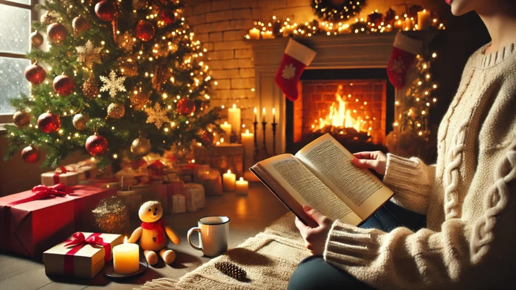 A-peaceful-holiday-scene-with-a-person-relaxing-by-the-fireplace-promoting-mental-wellbeing-and-calm