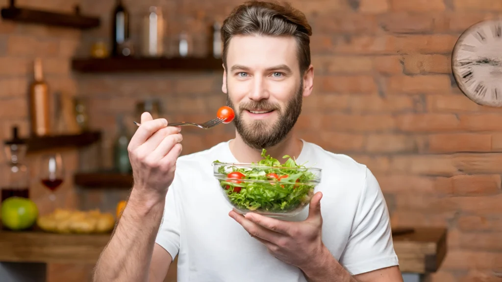 Man-eating-a-fresh-salad-with-tomatoes-and-greens,-smiling-in-a-cozy-kitchen-setting-Healthy-Tips-for-the-Holidays-to-eat-nutrient-rich-meals