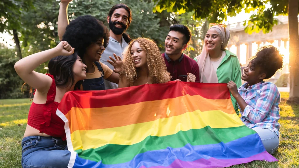 A-diverse-group-of-people-celebrating-together-with-the-LGBTQ-plus-flag-symbolising-inclusivity-and-challenging-gender-norms