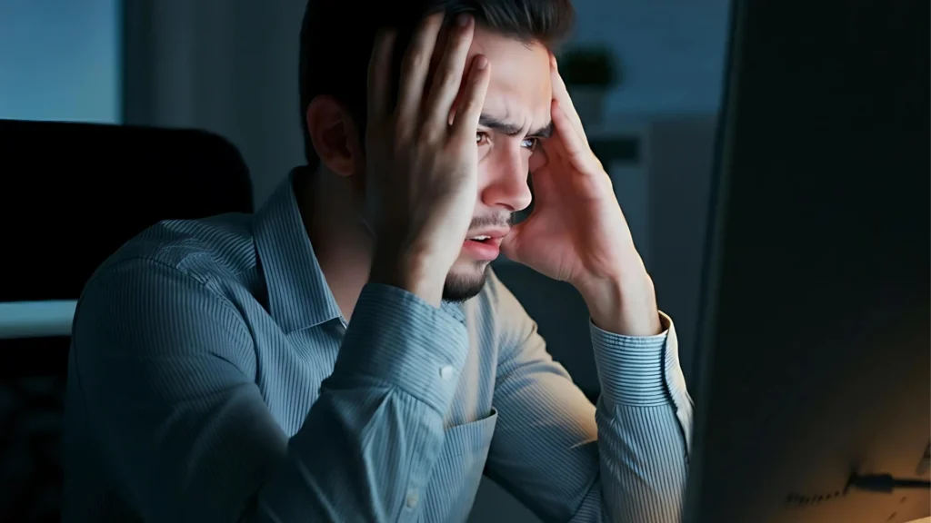 A-man-worried-about-money-holding-his-head-in-stress-while-looking-at-a-computer-screen