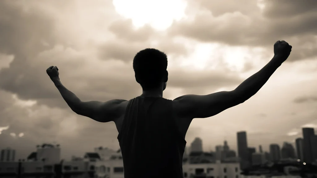 A-silhouette-of-a-man-standing-with-arms-raised-in-victory-against-a-cityscape-background-overcoming-social-anxiety-and-celebrating-freedom.