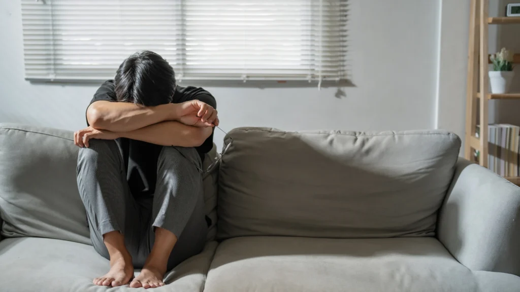 A-person-sitting-on-a-sofa-with-head-down-looking-exhausted-or-anxious-highlighting-the-effects-of-sleep-deprivation-and-asking-Is-6-Hours-of-Sleep-Enough