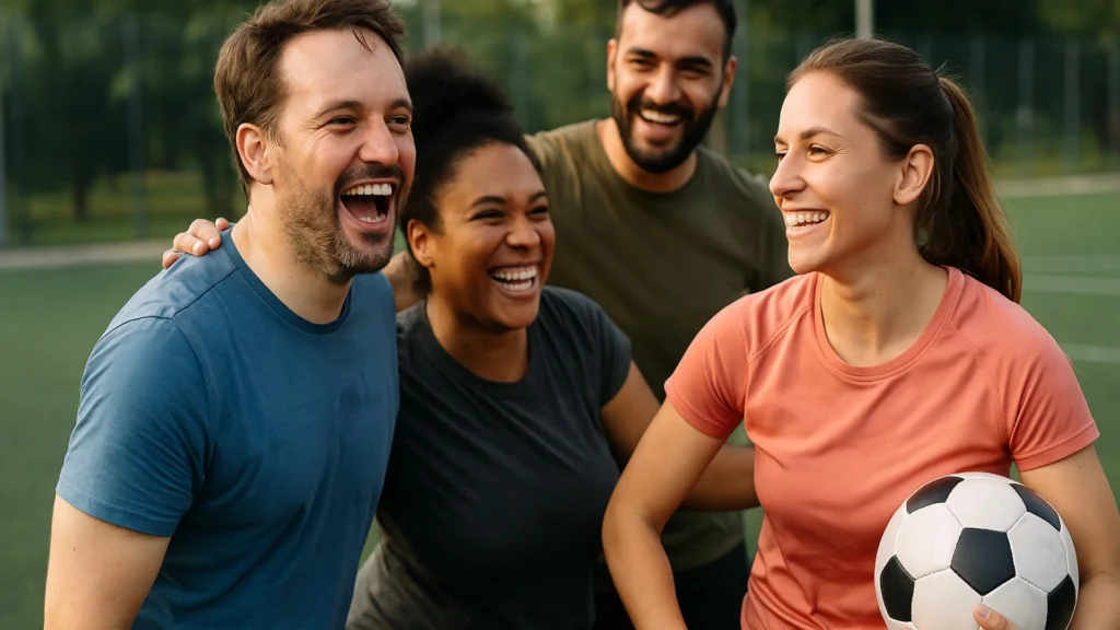 Friends-laughing-together-on-a-football-field-showing-the-social-and-emotional-benefits-of-sports