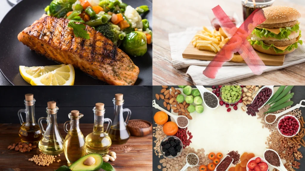 Healthy-Diet-Meal-Plan-for-the-Heart-grilled-salmon-healthy-oils-fruits-veggies-and-nuts-vs-unhealthy-fast-food