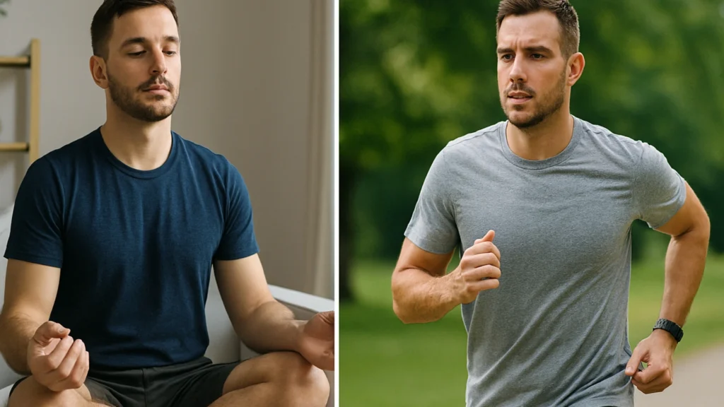 Man-practising-meditation-and-exercise-showcasing-mental-health-benefits-for-men                                                      