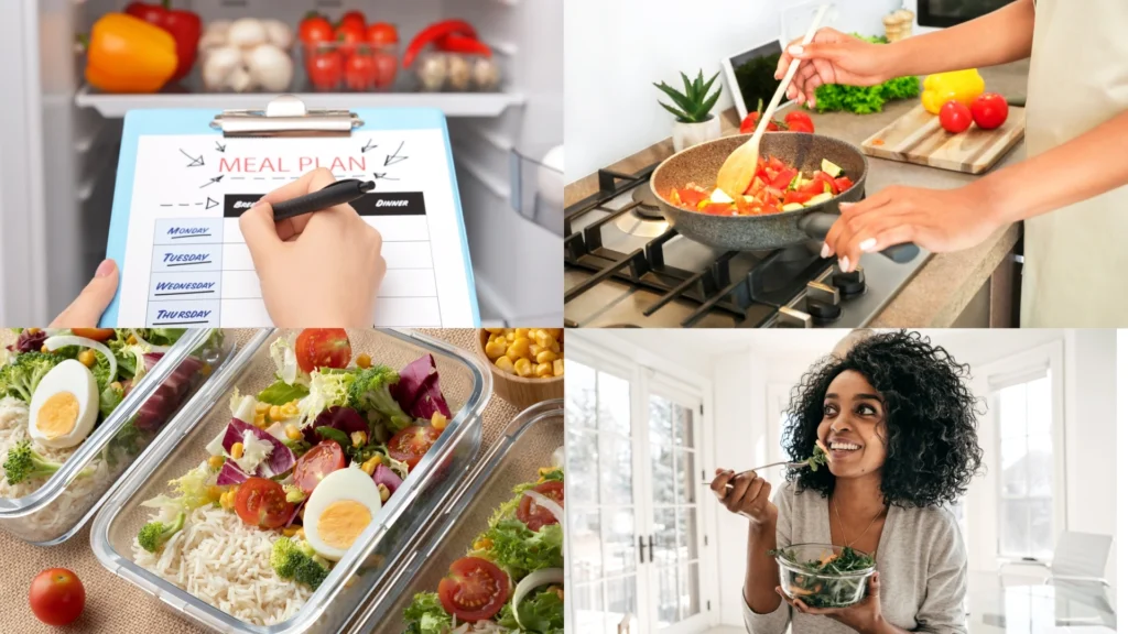 ips-for-Sticking-to-Your-Healthy-Diet-Meal-Plan-writing-meal-plan-cooking-prepared-meal-enjoying-healthy-food