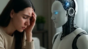 Woman-feeling-stressed-and-headaching-while-facing-a-robot-with-high-tech-details-highlighting-the-mental-health-crisis-and-AI-vs-Human-care-solutions