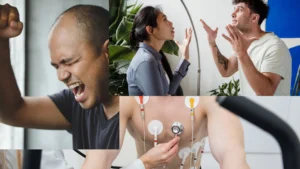 Financial-Stress-and-Mental-Health-a-man-screaming-a-couple-arguing-a-man-getting-heart-monitor-test