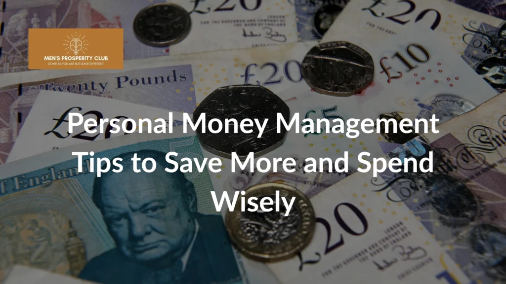 UK-pound-banknotes-and-coins-with-text-Personal-Money-Management-Tips-to-Save-More-and-Spend-Wisely-and-Mens-Prosperity-Club-logo
