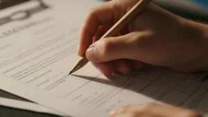 Close-up-of-a-person-filling-out-a-form-possibly-for-a-bank-account