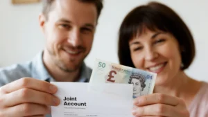 Couple-smiling-while-holding-a-joint-bank-account-form-and-cash