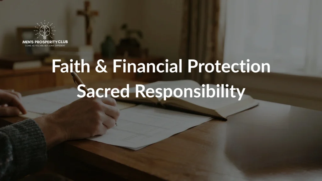 A-person-writing-on-a-table-next-to-an-open-Bible-with-the-phrase-Faith-&-Financial-Protection-Sacred-Responsibility-displayed