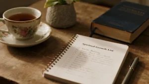 Notebook with Spiritual Growth List and tea