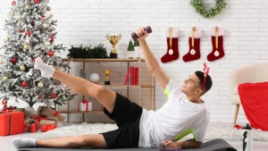 Man-exercising-at-home-with-Christmas-decor–Festive-Fitness