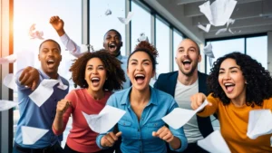 Group-of-people-celebrating-with-paper-shredding-in-office-space