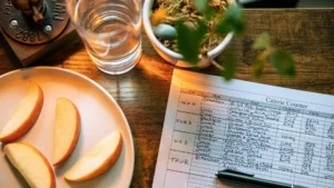 Apple-slices-and-a-calorie-counter-sheet-showing-meal-details-and-nutritional-values